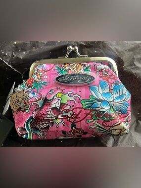 Ed Hardy Pink Kiss Lock Tiger Koi Tattoo Mini Bag w/Crossbody Chain NWT